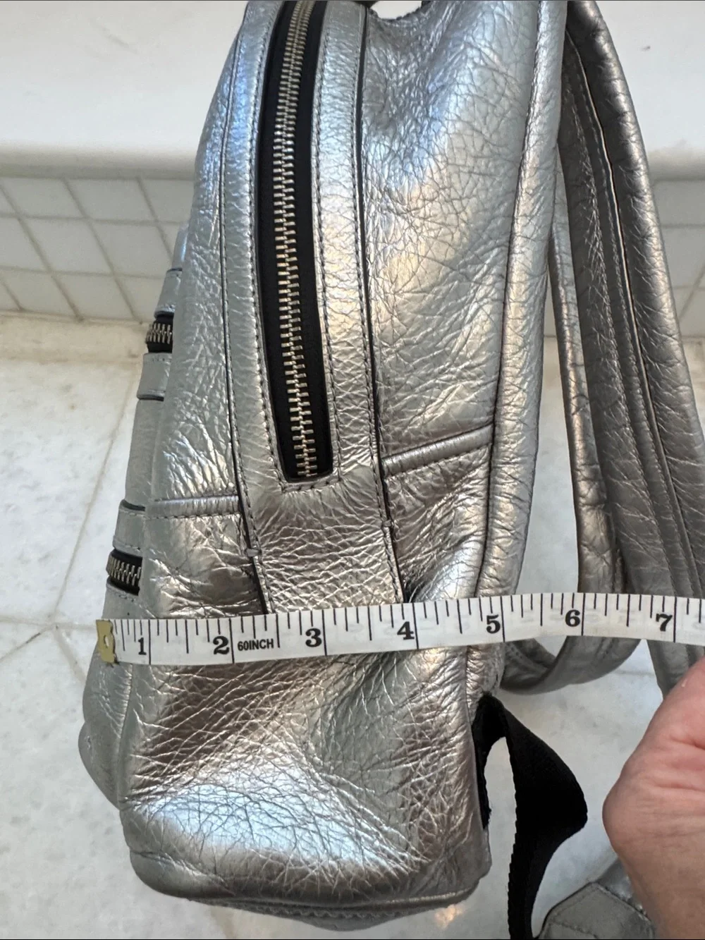 Marc Jacobs Silver Metallic Mini Backpack with Black Embellishment